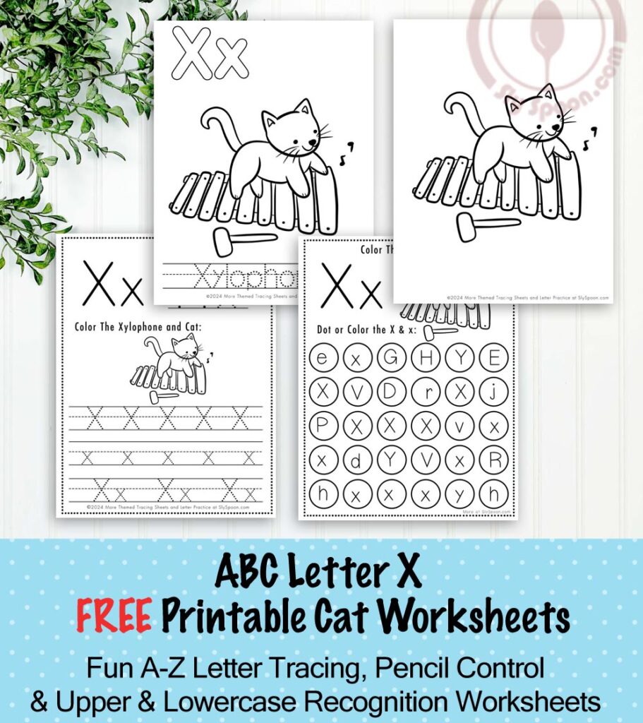 Free Printable Cat Kitty Kitten Themed Letter X Worksheets For Kids - Letter Xracing Pages, Dot Pages, and Coloring Worksheets