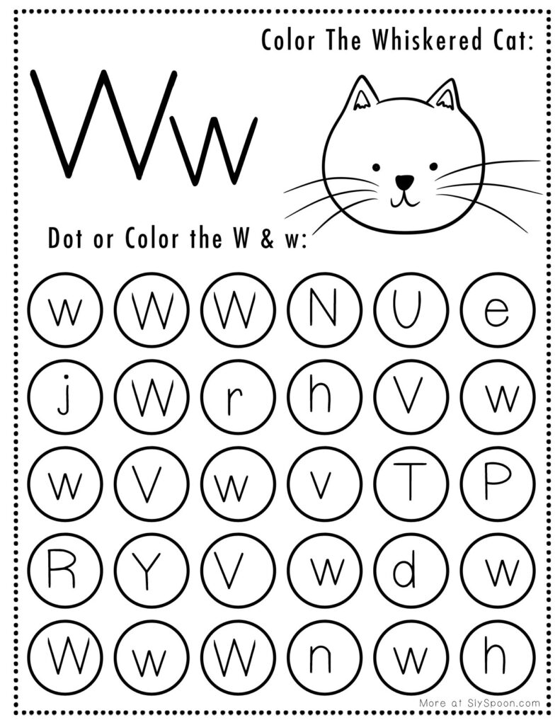 Free Printable Cat Kitty Kitten Themed Letter W Do A Dot Dot Worksheets For Kids - Capital and Lowercase Letter W Do A Dot Dot Pages Worksheets