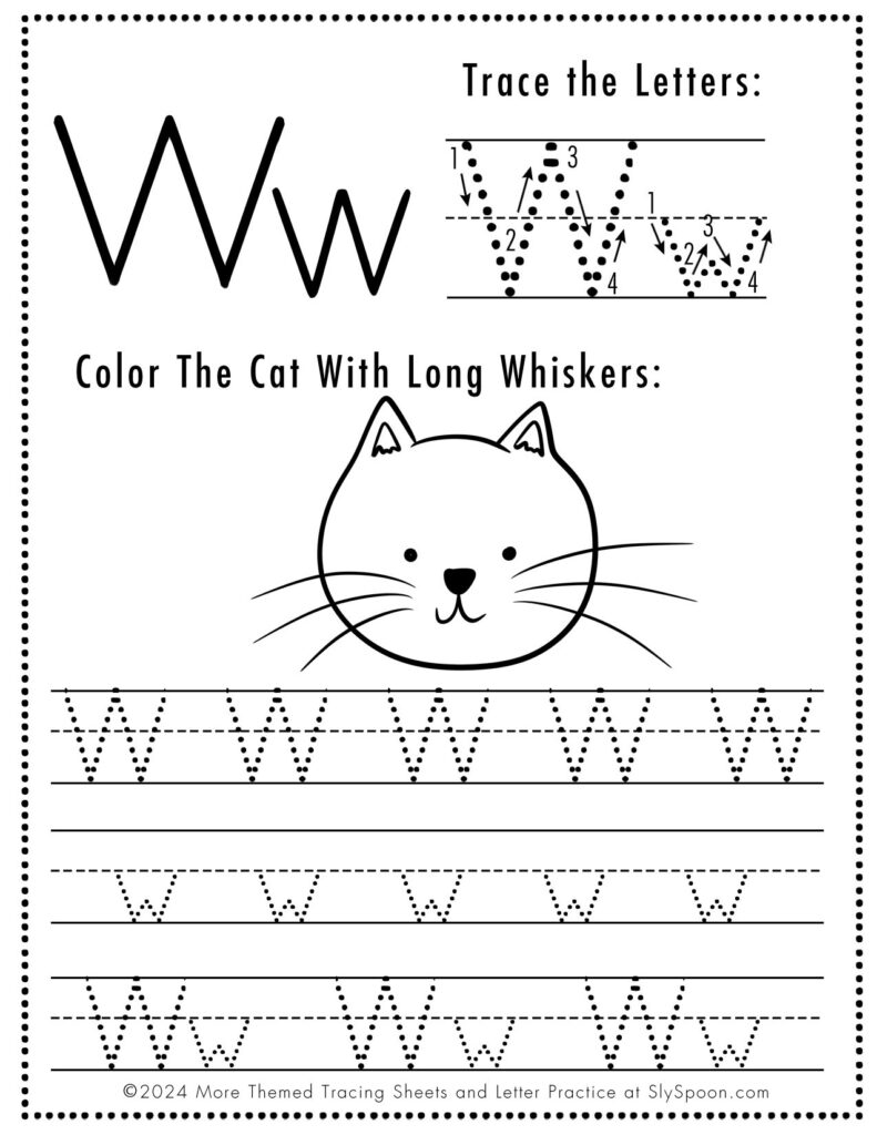 Free Printable Cat Kitty Kitten Themed Letter W Tracing Worksheets For Kids - Capital and Lowercase Letter W Tracing Pages Worksheets