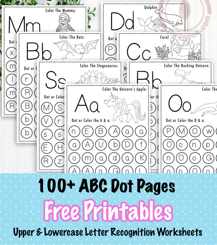 Header Image for archive of 130+ free printable ABC themed dot marker pages. 