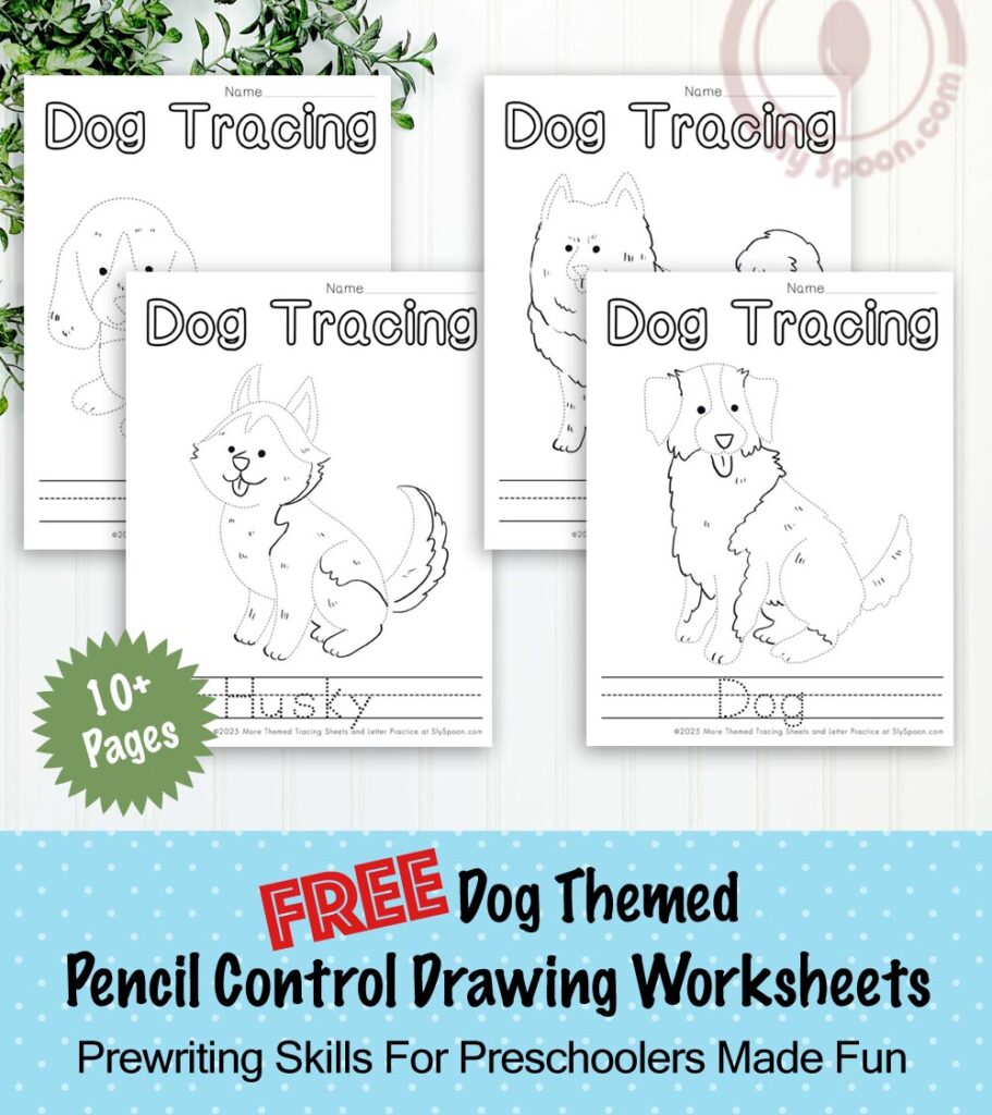 Dotted Dog Coloring Pages where the dogs are outlined and intended for children to trace over and "draw" them to improve pencil control, tracing skills and fine motor control