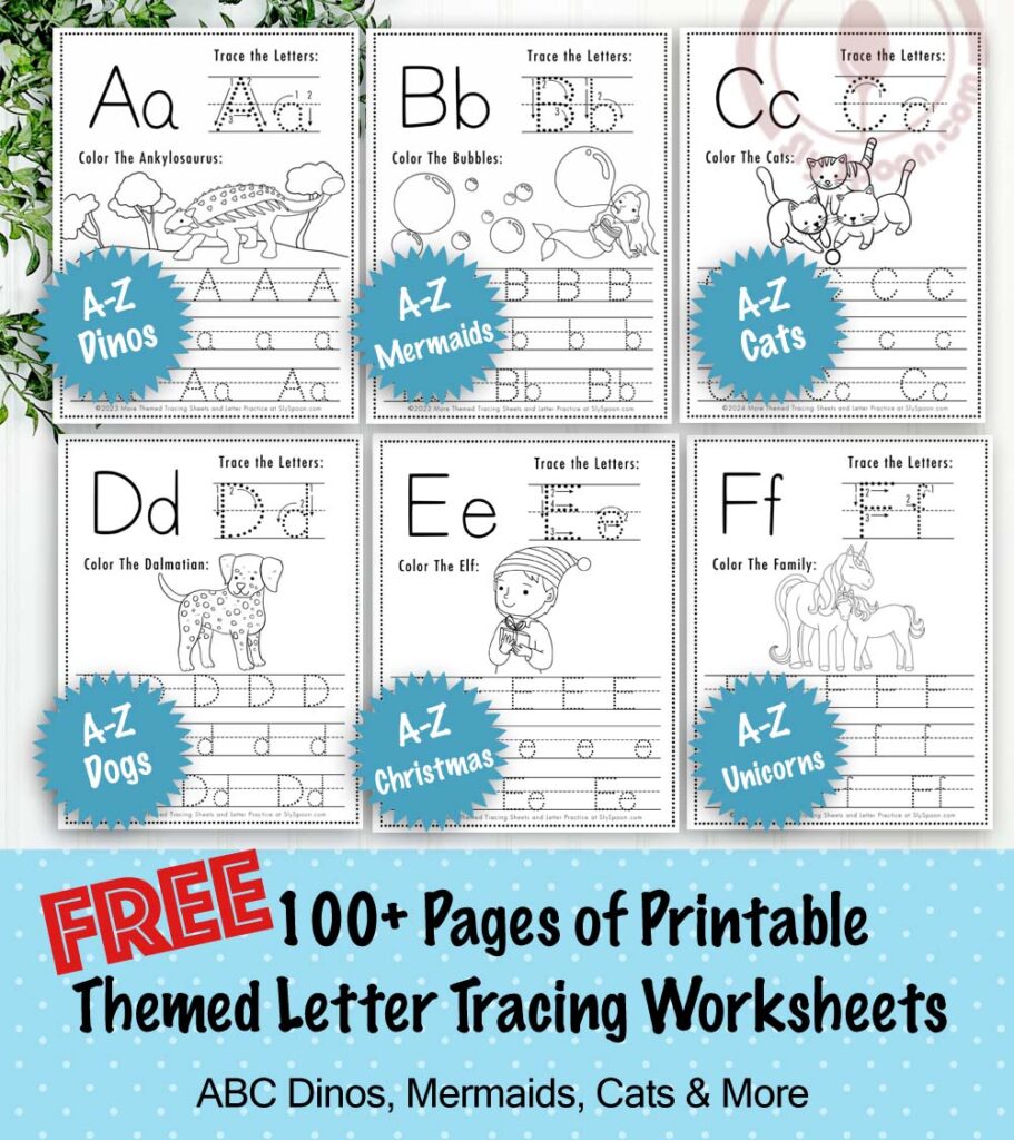 Free Printable ABC Letter Tracing Worksheets for Preschoolers with fun unique themes likes dinosaurs, unicorns, mermaids and more