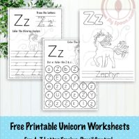 Unicorn Themed Letter Z Worksheets