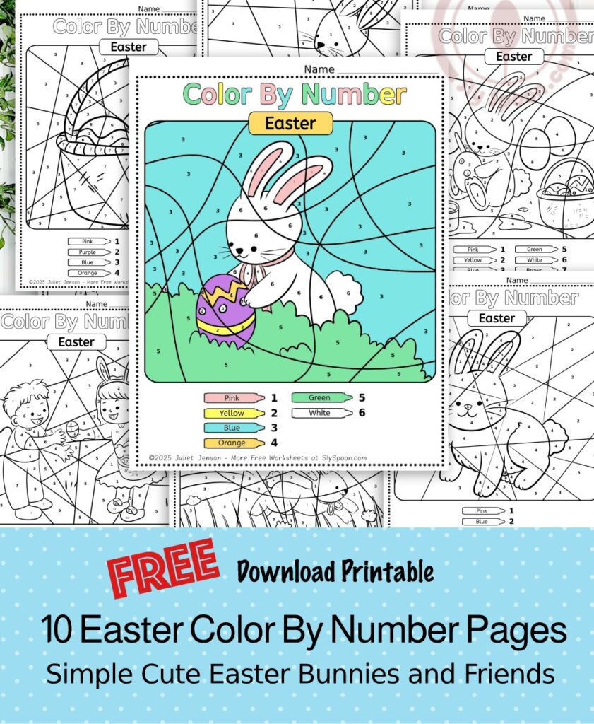 10 Free Printable Easter Themed Color By Number Worksheets Pages Header Image Easter Bunny hiding and Easter Egg