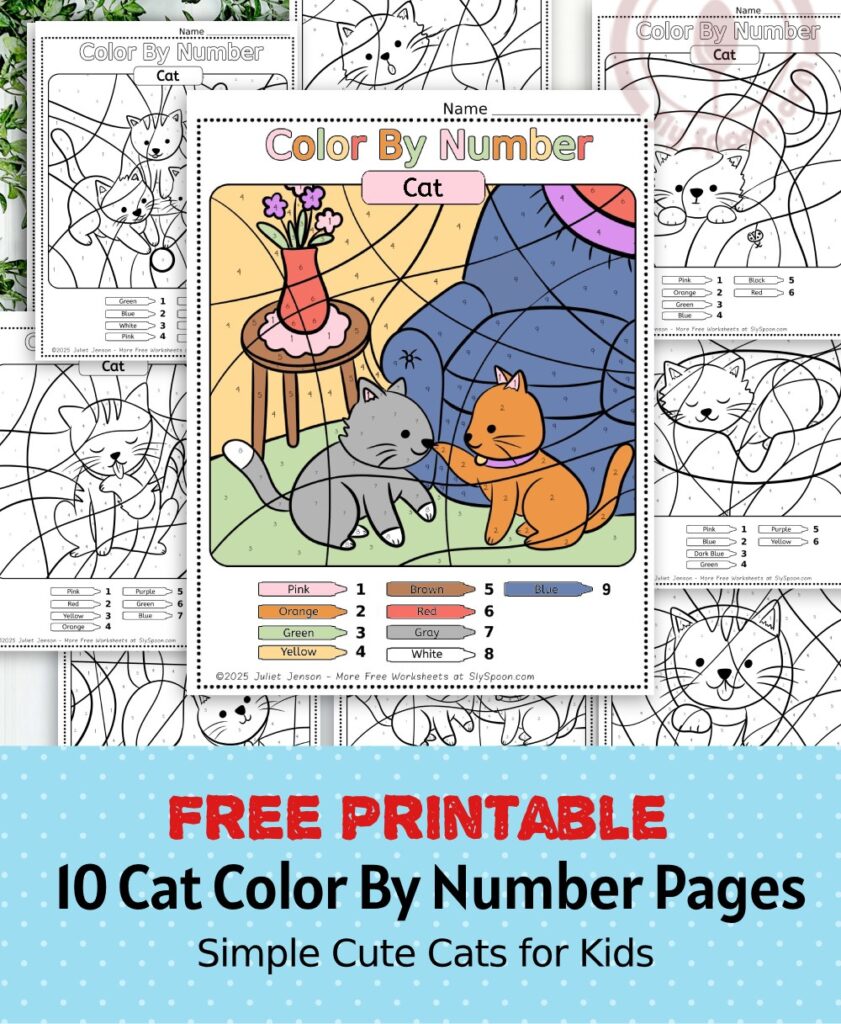 10 Free Printable Cat Color by Number Page For Kids simple coloring page with 2 cute kittens playing together