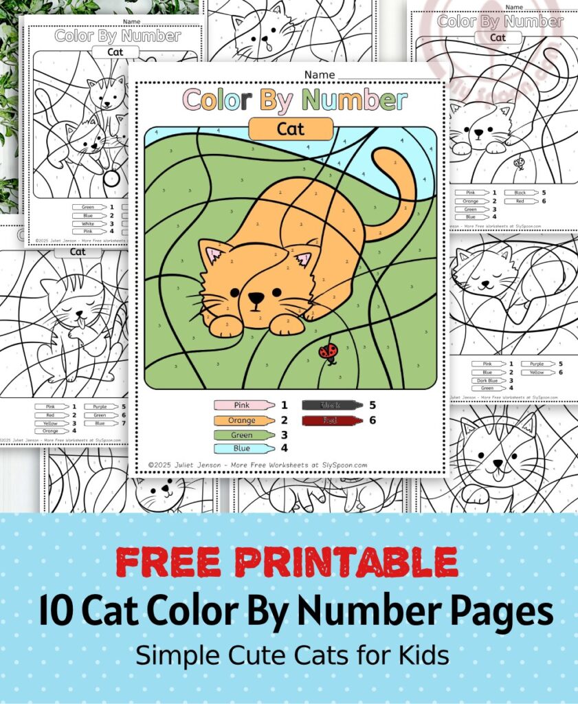 10 Free Printable Cat Color by Number Page For Kids simple coloring page with a cute kitten and a ladybug