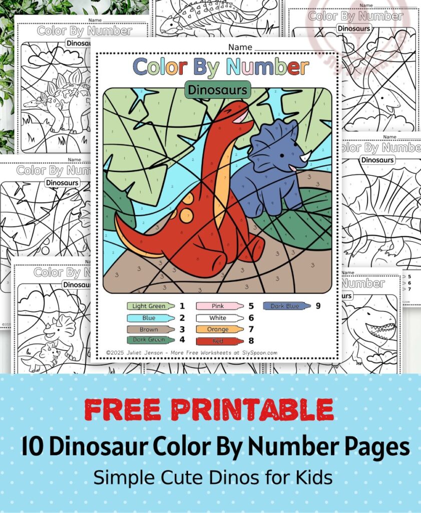 10 Free Dinosaur Themed Color By Number Pages for Kids, Printable Triceratops and Brontosaurs Color By Number Worksheet, Simple Dino Color By Number Page