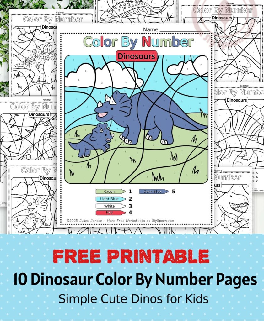 10 Free Dinosaur Themed Color By Number Pages for Kids, Printable Triceratops Color By Number Worksheet, Simple Dino Color By Number Page