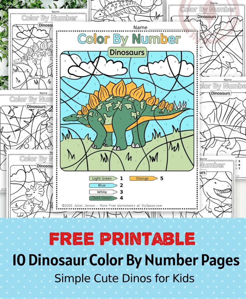 10 Free Dinosaur Themed Color By Number Pages for Kids, Printable Long Stegosaurus Color By Number Worksheet, Simple Dino Color By Number Page