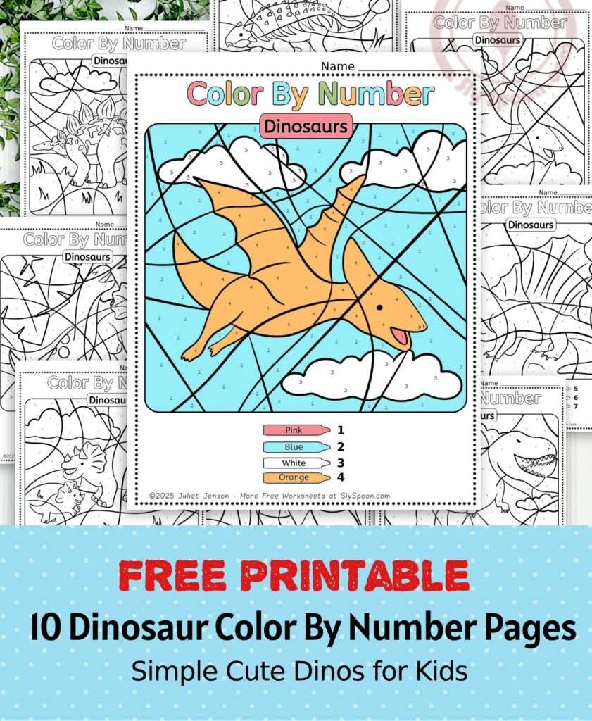 10 Free Dinosaur Themed Color By Number Pages for Kids, Printable Long pterodactyl Color By Number Worksheet, Simple Dino Color By Number Page