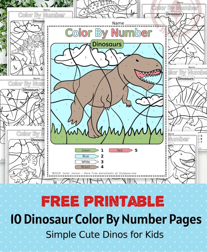 10 Free Dinosaur Themed Color By Number Pages for Kids, Printable Long trex tyrannosaurus Color By Number Worksheet, Simple Dino Color By Number Page