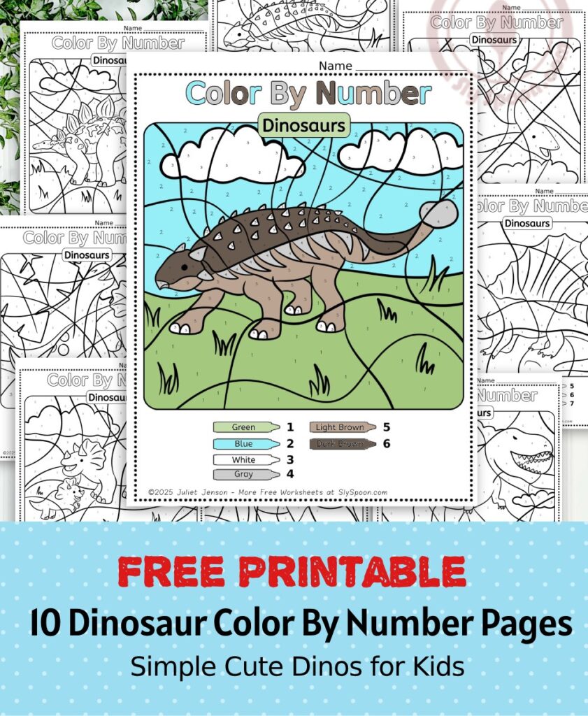 10 Free Dinosaur Themed Color By Number Pages for Kids, Printable Long Neck Dino ankylosaurus Color By Number Worksheet, Simple Dino Color By Number Page