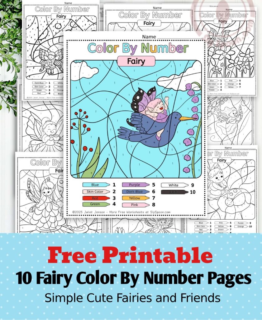 Free Printable Color by Number Fairy Printable for Kids with cute simple fairy art