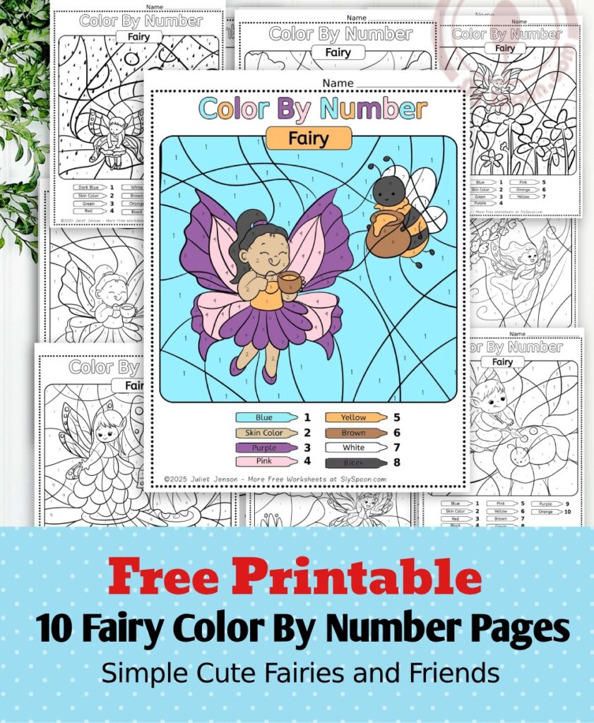 Free Printable Color by Number Fairy Printable for kids with black fairy fairy or color