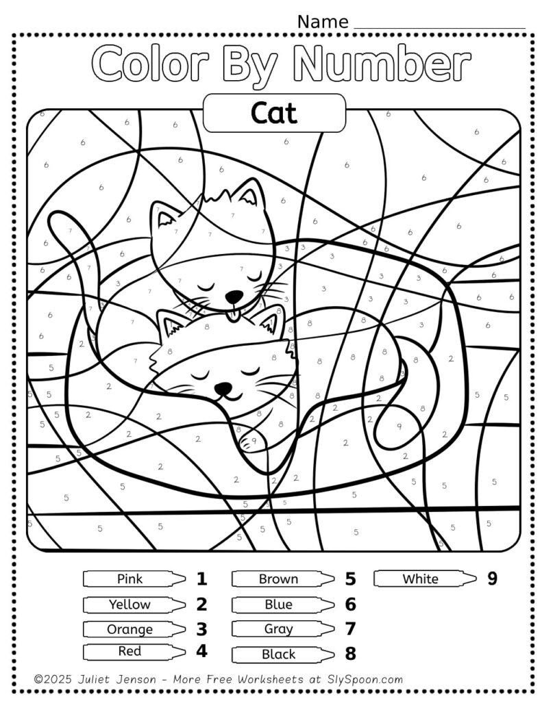 Free Printable Cat Color by Number Page For Kids simple coloring page with 2 cute kittens sleeping