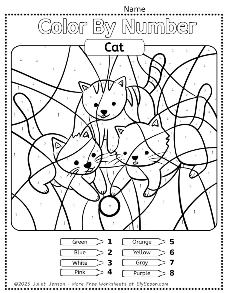 Free Printable Cat Color by Number Page For Kids with 3 Kittens Playing Together