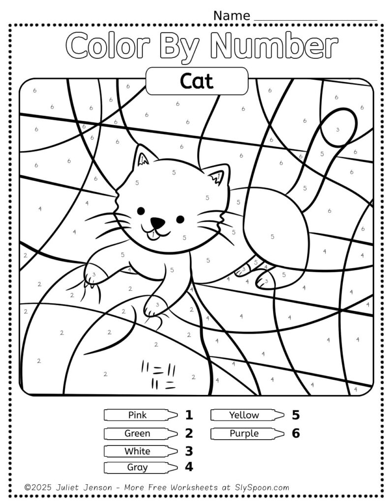 Free Printable Cat Color by Number Page For Kids simple coloring page with a cute kitten playing