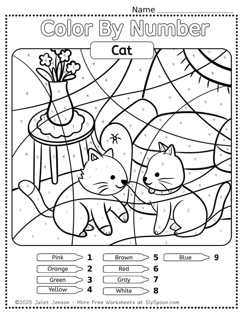 Free Printable Cat Color by Number Page For Kids simple coloring page with 2 cute kittens playing by a couch