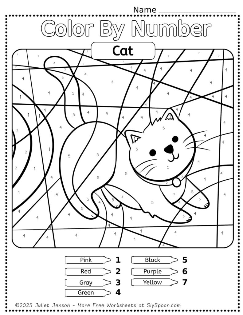 Free Printable Cat Color by Number Page For Kids simple coloring page with a cute kitten walking