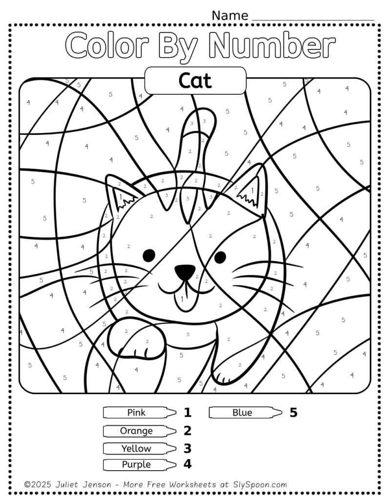 Free Printable Cat Color by Number Page For Kids simple coloring page with a cute kitten walking