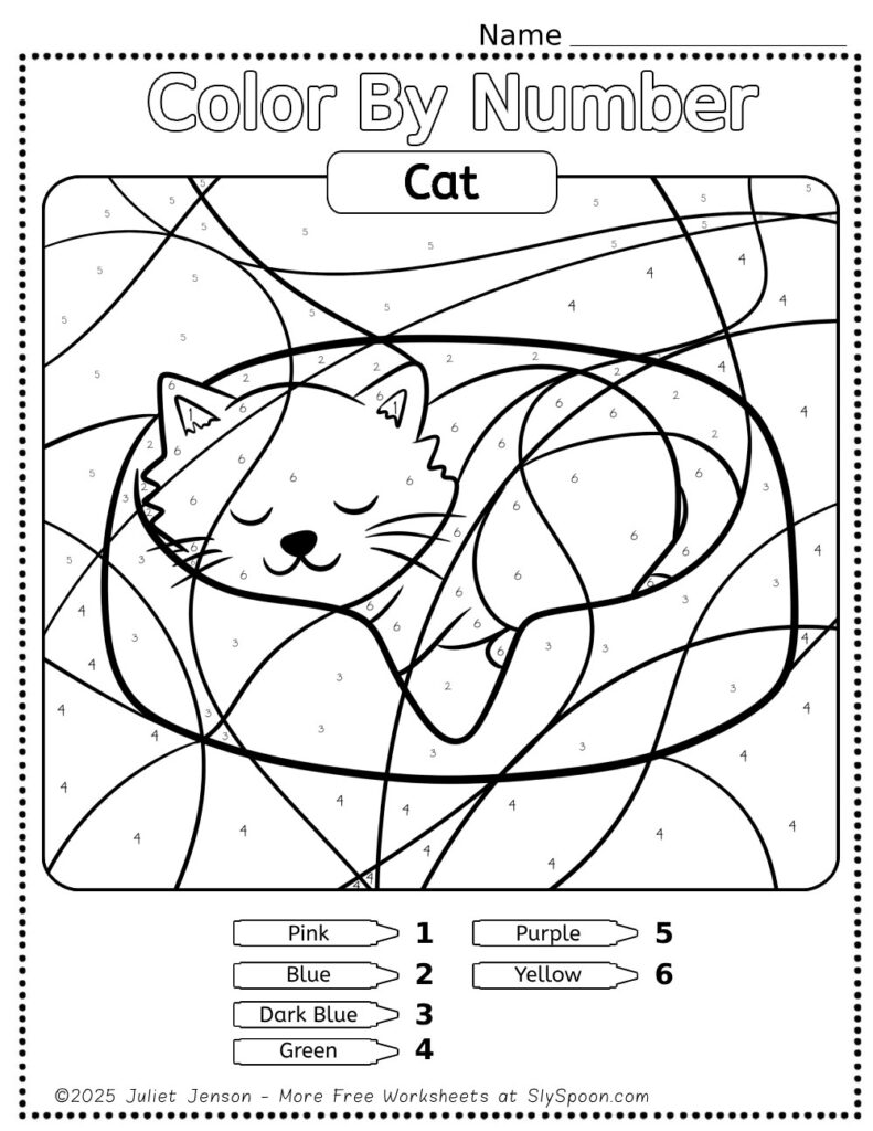 Free Printable Cat Color by Number Page For Kids simple coloring page with a cute kitten sleeping