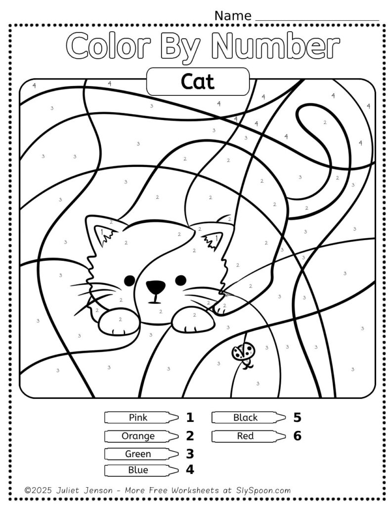 Free Printable Cat Color by Number Page For Kids with a kitten pouncing on a ladybug