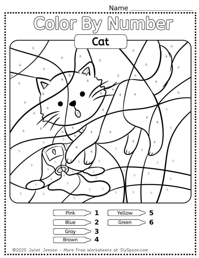 Free Printable Cat Color by Number Page For Kids with a kitten knocking over a glass