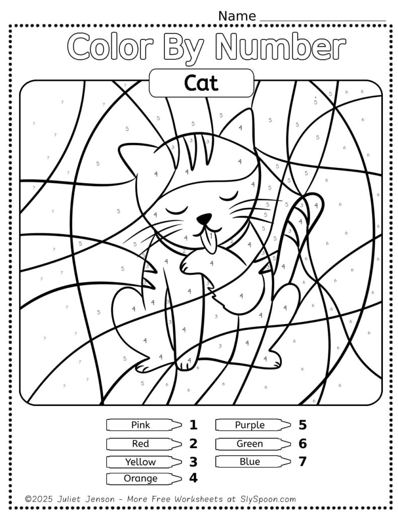 Free Printable Cat Color by Number Page For Kids with a kitten licking its paw