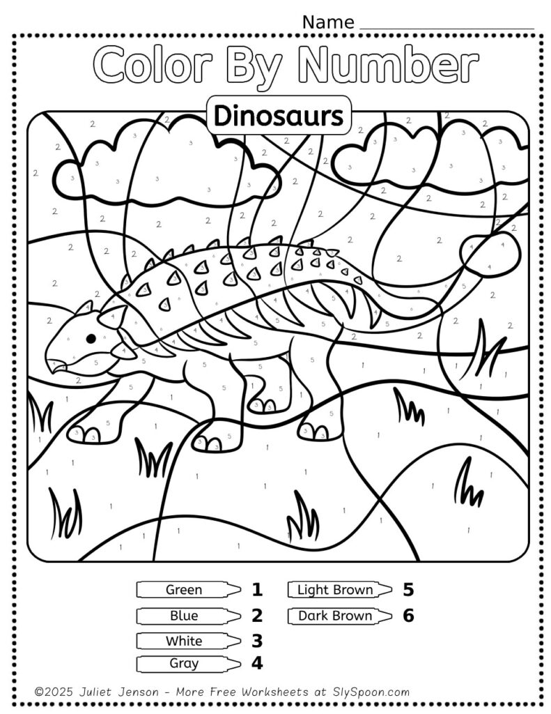 10 Free Dinosaur Themed Color By Number Pages for Kids, Printable Long Neck Dino ankylosaurus Color By Number Worksheet, Simple Dino Color By Number Page