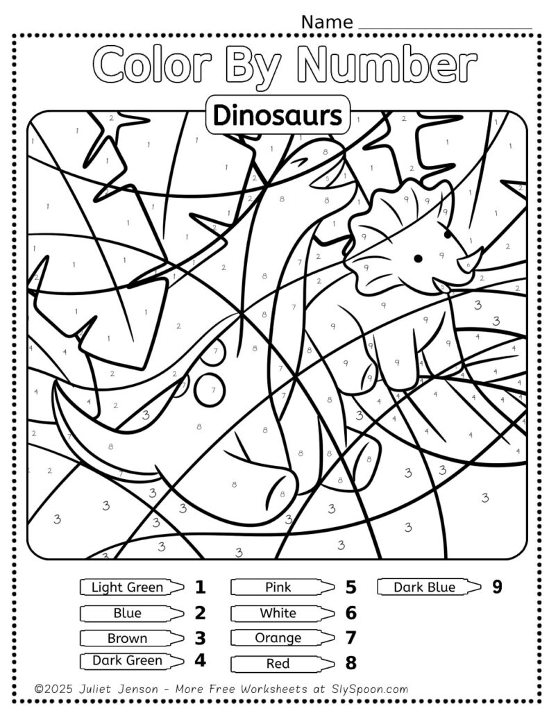 10 Free Dinosaur Themed Color By Number Pages for Kids, Printable Triceratops and Brontosaurs Color By Number Worksheet, Simple Dino Color By Number Page