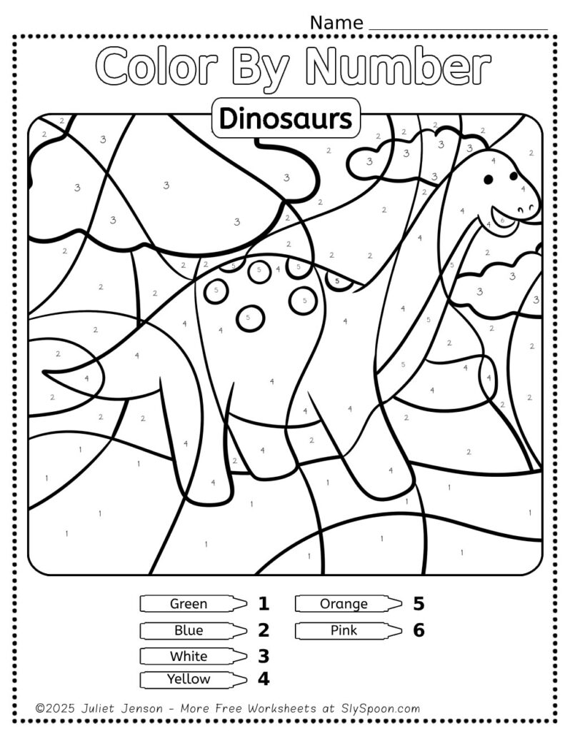 10 Free Dinosaur Themed Color By Number Pages for Kids, Printable Long Neck Dino Brontosaurs Color By Number Worksheet, Simple Dino Color By Number Page