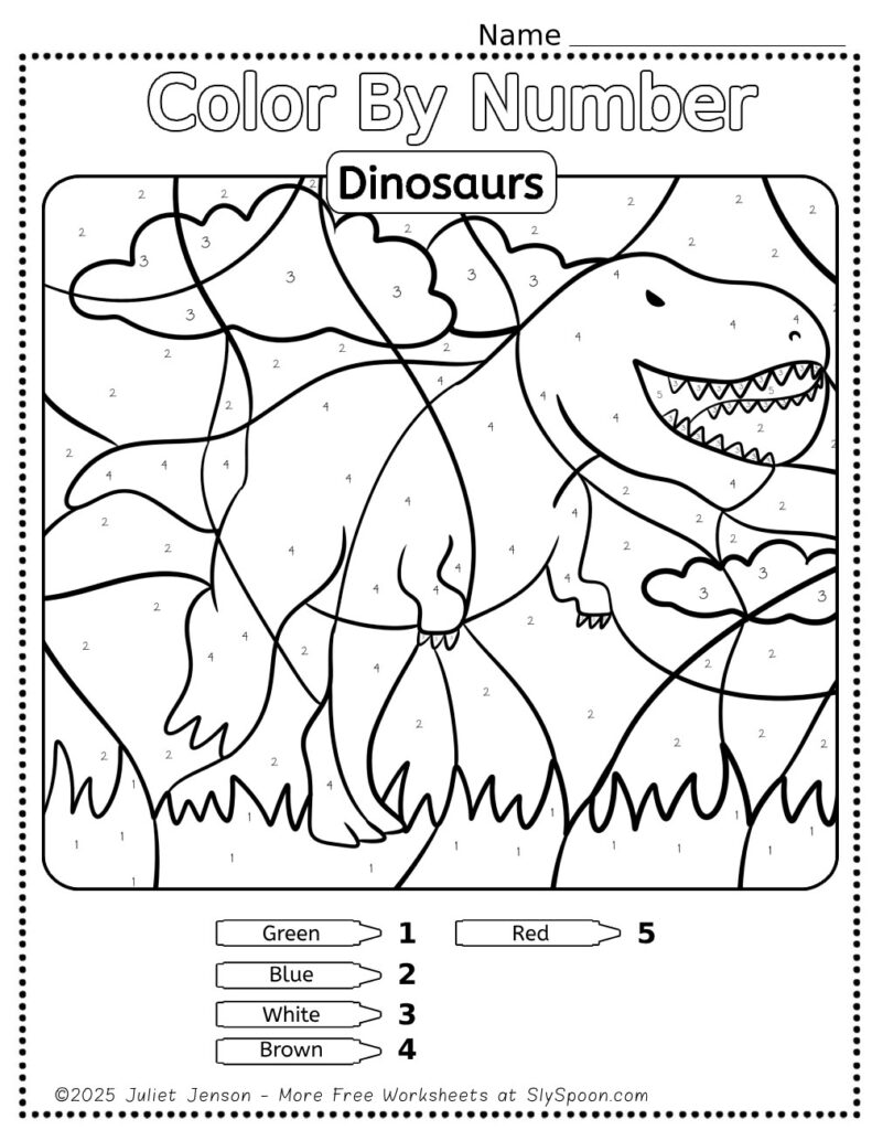 10 Free Dinosaur Themed Color By Number Pages for Kids, Printable Long trex tyrannosaurus Color By Number Worksheet, Simple Dino Color By Number Page