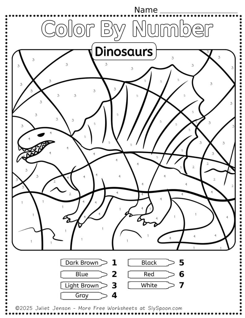 10 Free Dinosaur Themed Color By Number Pages for Kids, Printable Long dimetrodon Color By Number Worksheet, Simple Dino Color By Number Page