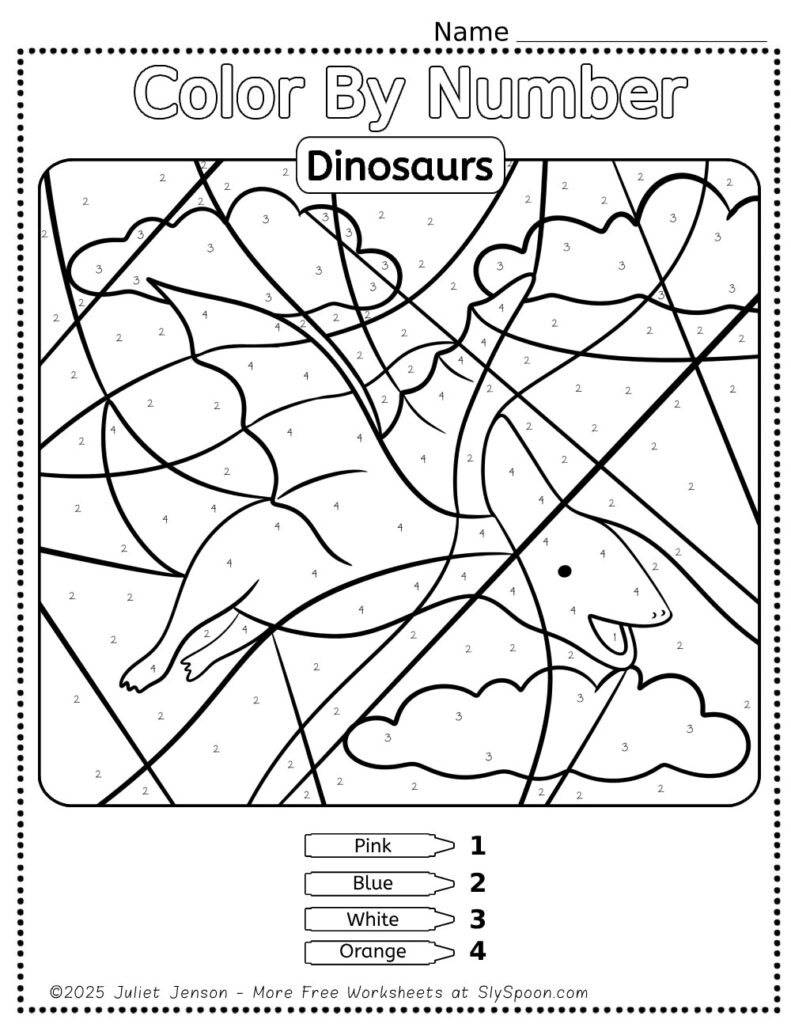 10 Free Dinosaur Themed Color By Number Pages for Kids, Printable Long pterodactyl Color By Number Worksheet, Simple Dino Color By Number Page