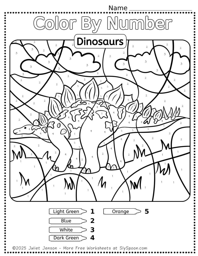 10 Free Dinosaur Themed Color By Number Pages for Kids, Printable Long Stegosaurus Color By Number Worksheet, Simple Dino Color By Number Page