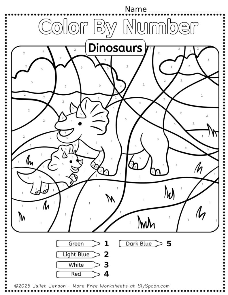 10 Free Dinosaur Themed Color By Number Pages for Kids, Printable Triceratops Color By Number Worksheet, Simple Dino Color By Number Page