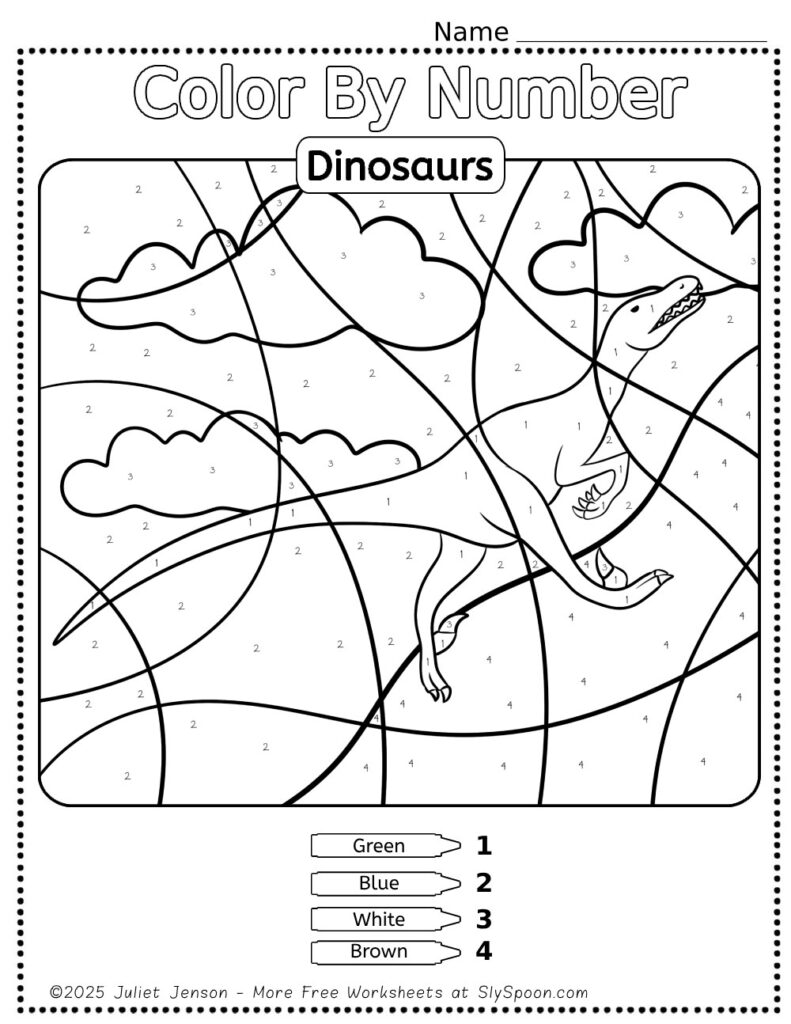 10 Free Dinosaur Themed Color By Number Pages for Kids, Printable Raptor Velociraptor Color By Number Worksheet, Simple Dino Color By Number Page