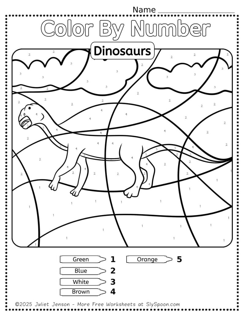 10 Free Dinosaur Themed Color By Number Pages for Kids, Printable Iguanodon Color By Number Worksheet, Simple Dino Color By Number Page