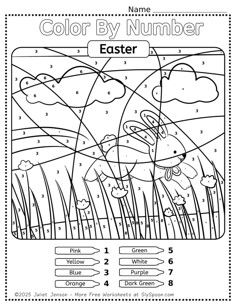 Free Printable Easter Themed Color By Number Pages for Kids - Cute and Simple Easter Bunny running through flowers