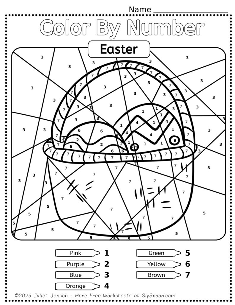 Free Printable Easter Themed Color By Number Pages for Kids - Cute and Simple Easter Basket with Colored Easter Eggs