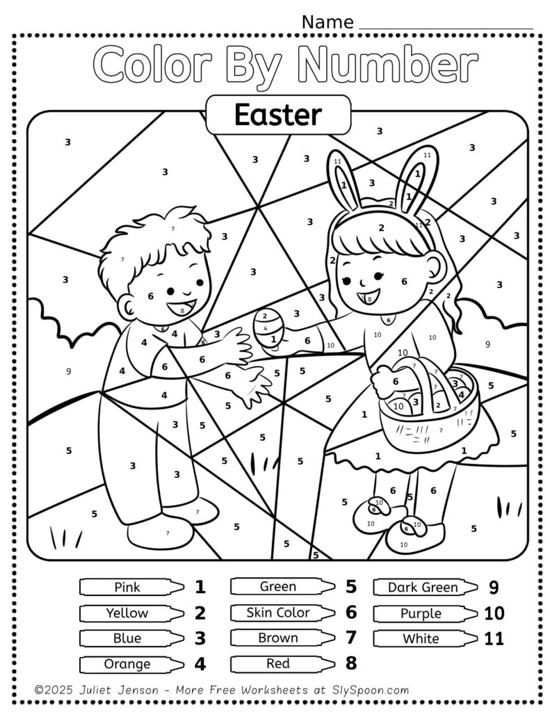 Free Printable Easter Themed Color By Number Pages for Kids - Cute and Simple Easter Egg Hunt Page With Two Kids