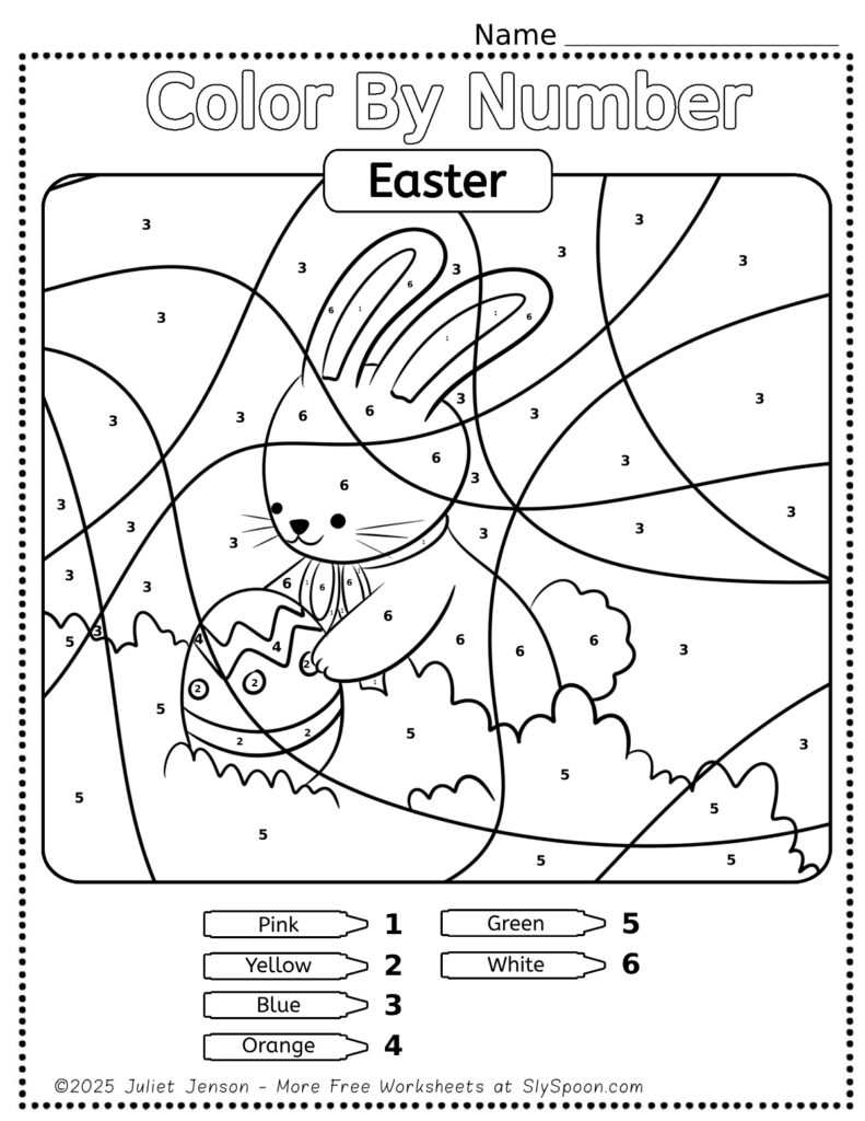 Free Printable Easter Themed Color By Number Pages for Kids - Cute and Simple Easter Bunny Hiding Easter Eggs