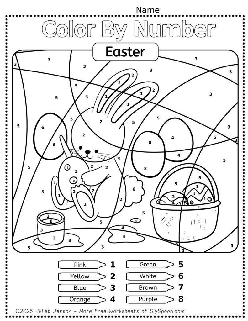 Free Printable Easter Themed Color By Number Pages for Kids - Cute and Simple Easter Bunny Painting Easter Eggs