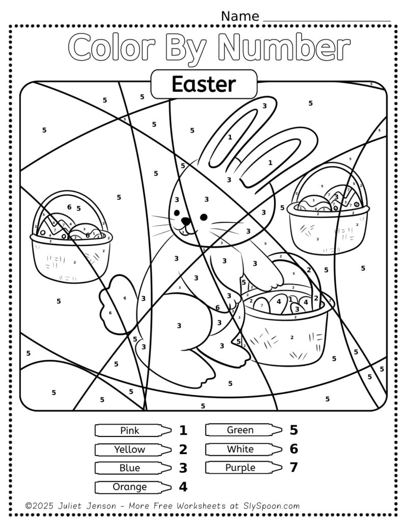 Free Printable Easter Themed Color By Number Pages for Kids - Cute and Simple Easter Bunny getting Easter Baskets Ready