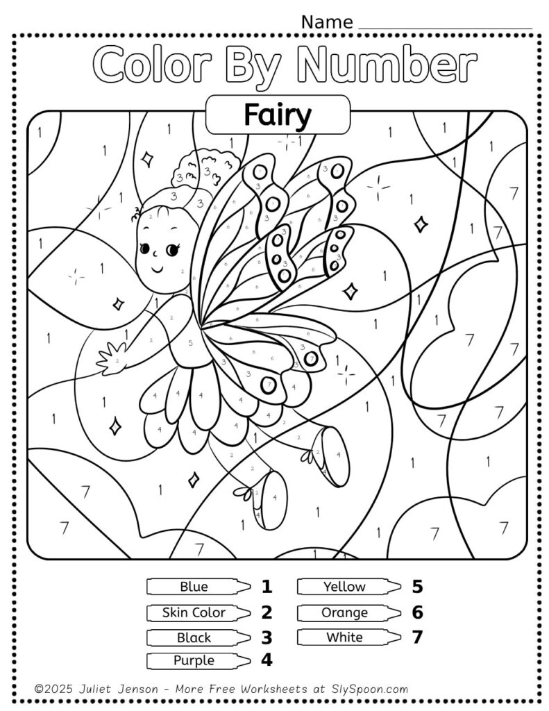 Free Printable Color by Number Fairy Printable for kids with black fairy fairy or color