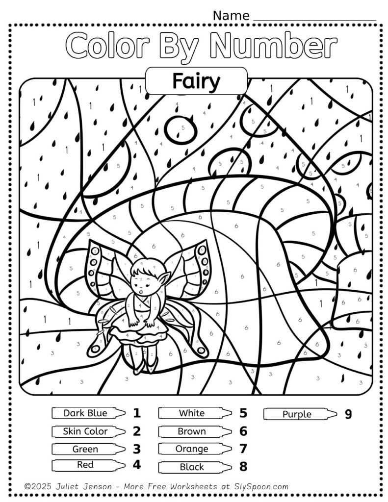 Free Printable Color by Number Fairy Printable for Kids with cute simple fairy art with Mushrooms