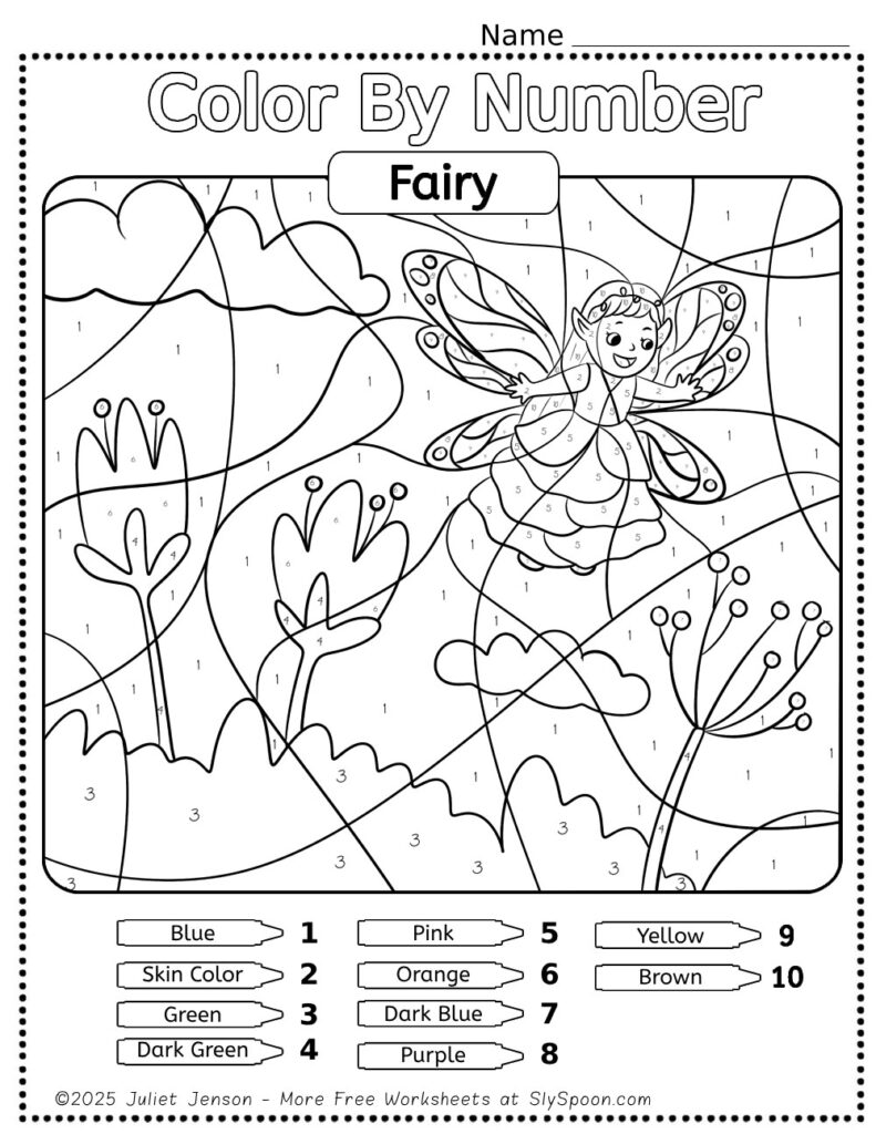 Let your child's creativity shine with these free printable Fairy color by number activities! Download these free educational worksheets for preschool and elementary school children to promote number recognition and fine motor skills. With adorable fairies and flowers, these coloring pages are sure to be fun.