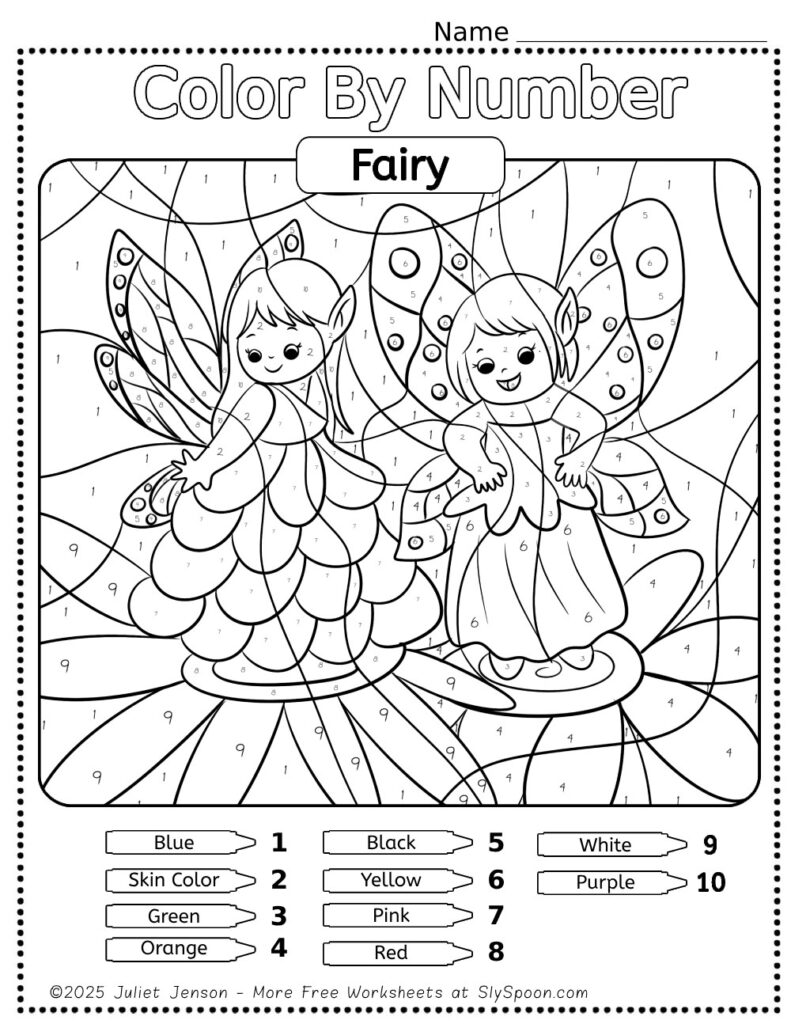 Let your child's creativity shine with these free printable Fairy color by number activities! Download these free educational worksheets for preschool and elementary school children to promote number recognition and fine motor skills. With adorable fairies and flowers, these coloring pages are sure to be fun.