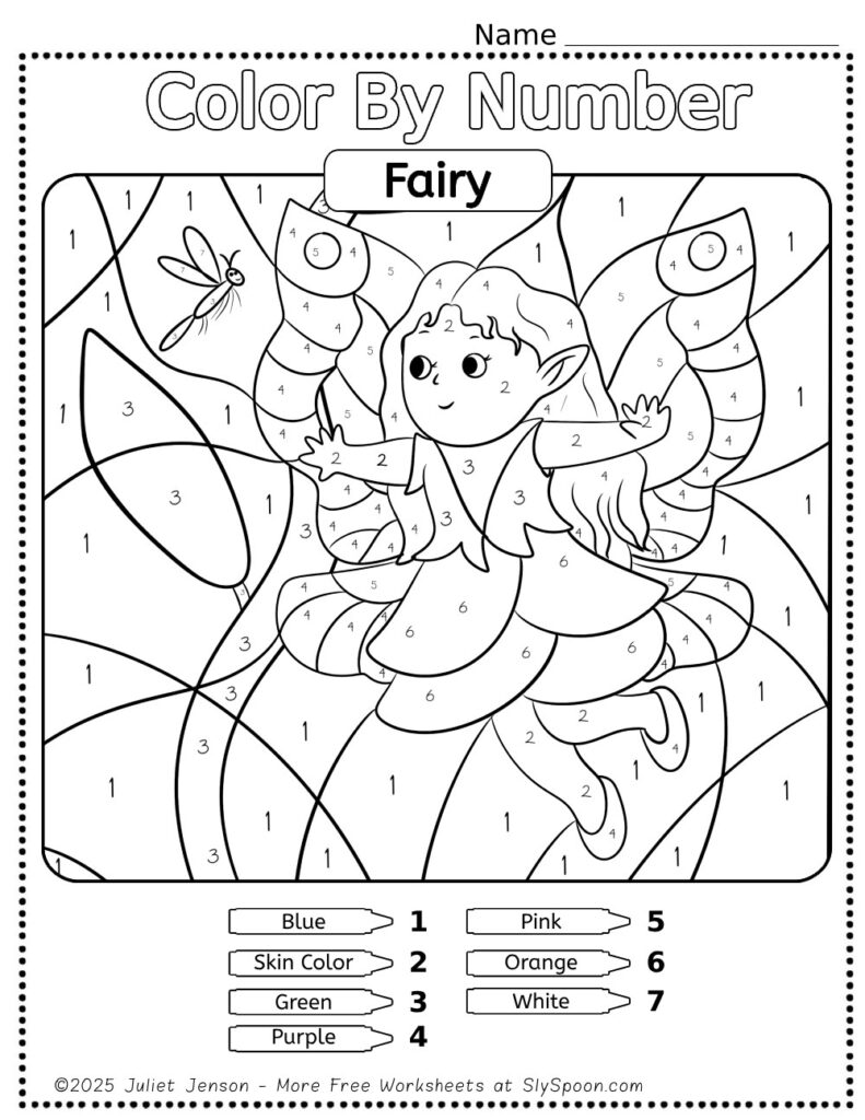 Free Printable Color by Number Fairy Printable for Kids with cute simple fairy art