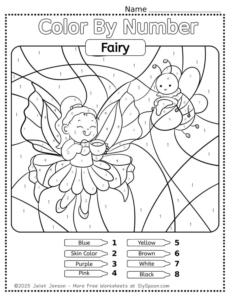 Free Printable Color by Number Fairy Printable for kids with black fairy fairy or color